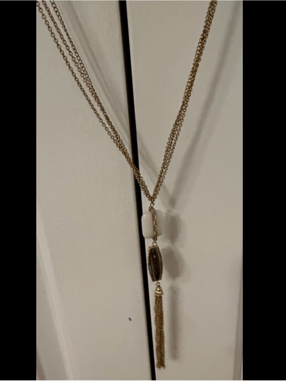 Gold-Tone Layered Pendant Necklace with White and Brown Stones